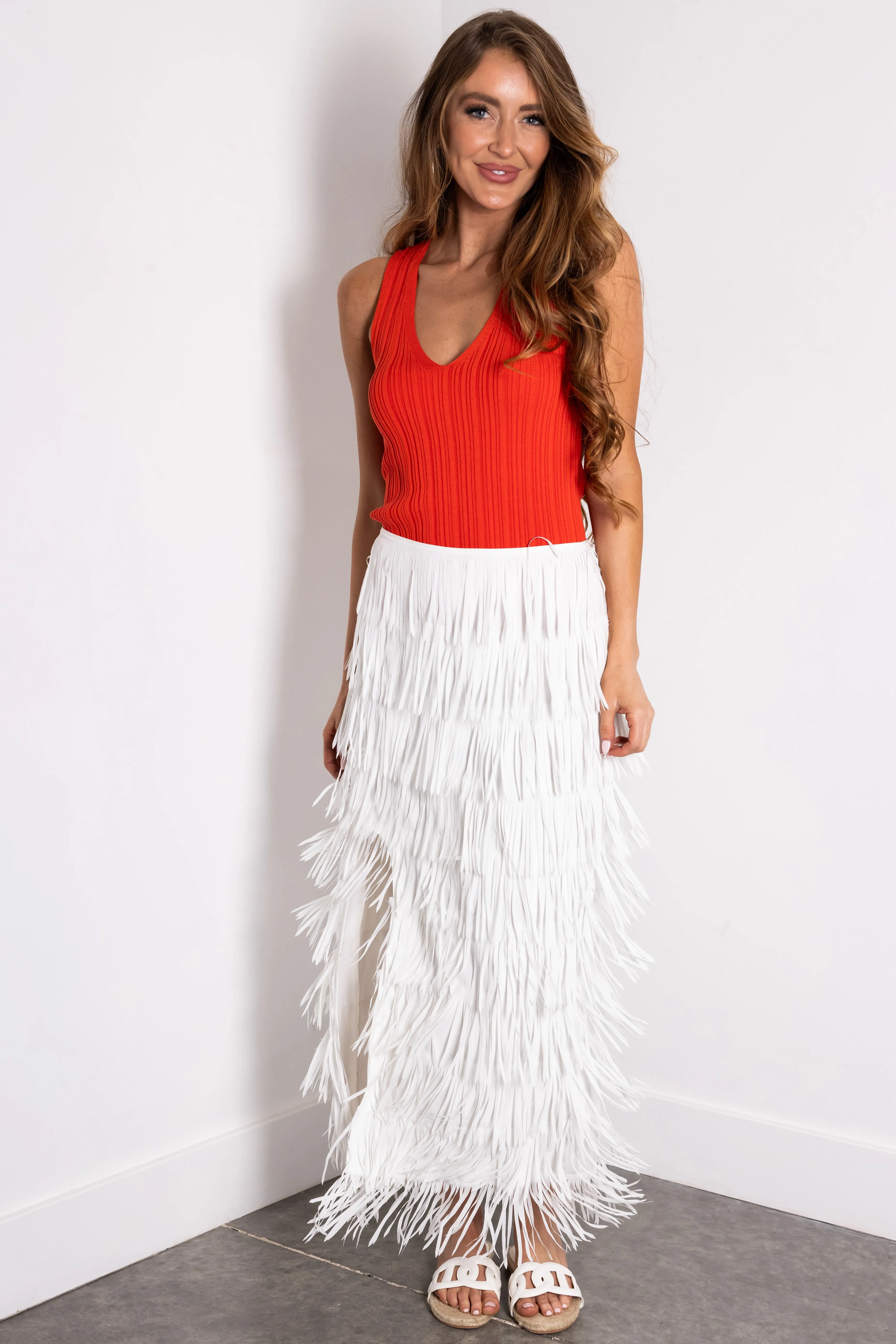 Off White Side Slit Fringe Midi Skirt