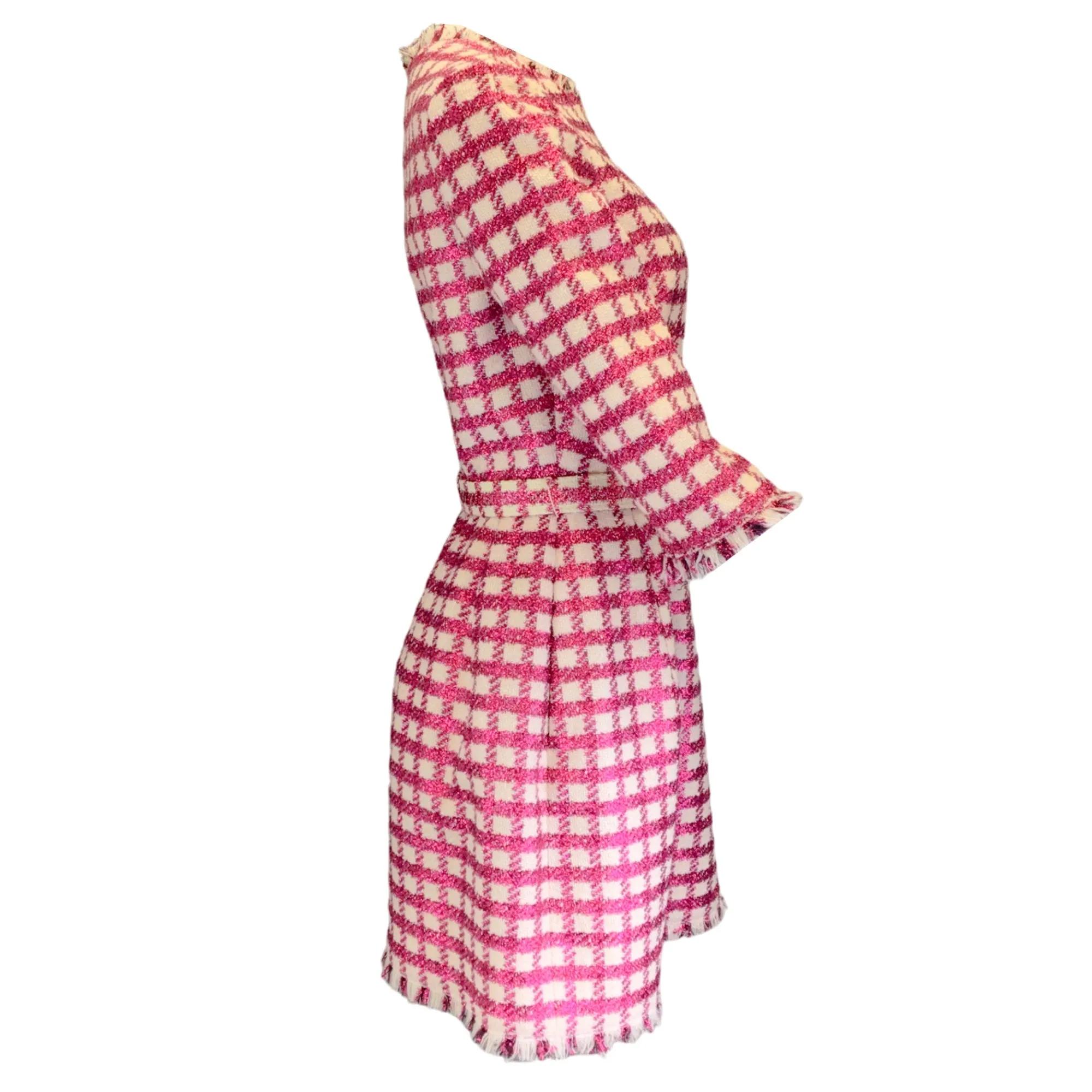 Oscar de la Renta White / Pink Metallic Plaid Wool Dress