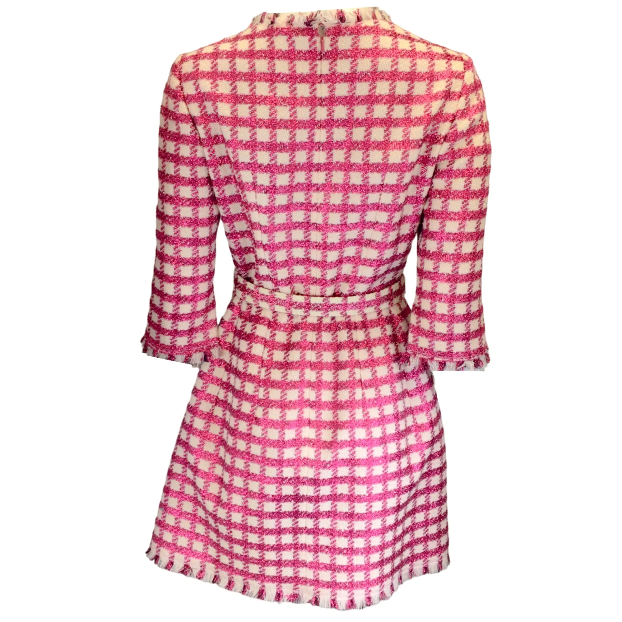 Oscar de la Renta White / Pink Metallic Plaid Wool Dress