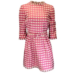 Oscar de la Renta White / Pink Metallic Plaid Wool Dress