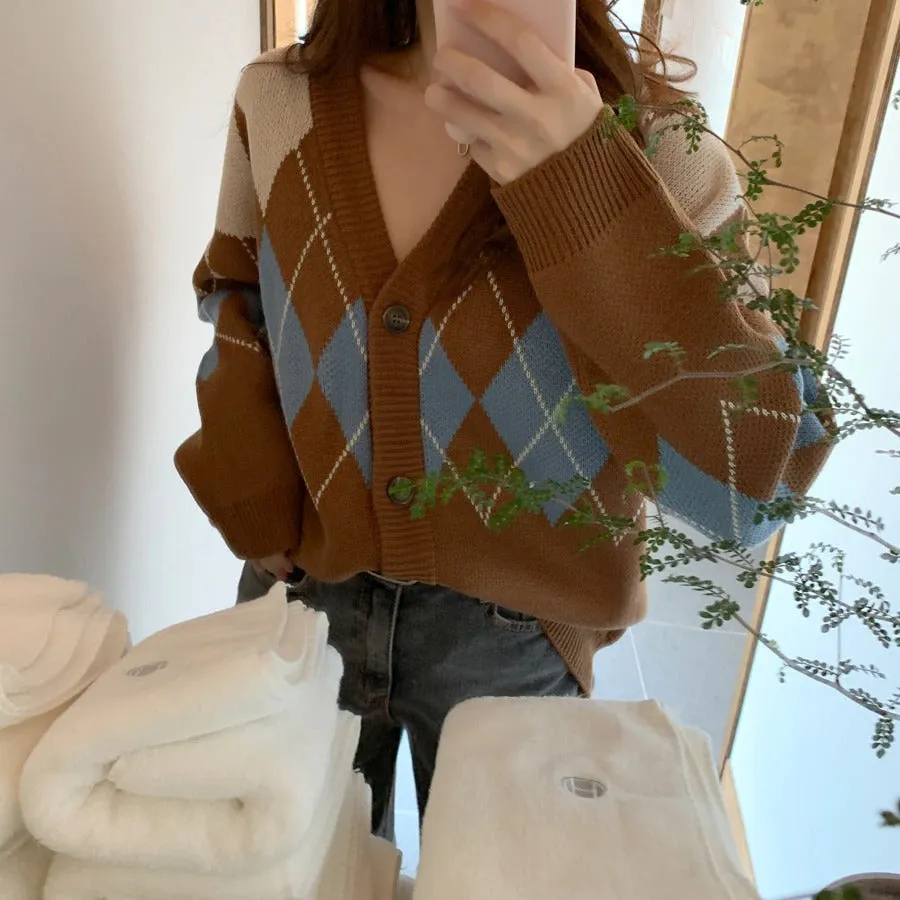 Oversize Autumn Winter Fashion Vintage  Plaid V-Neck Single Breasted Puff Sleeve Loose Cardigan