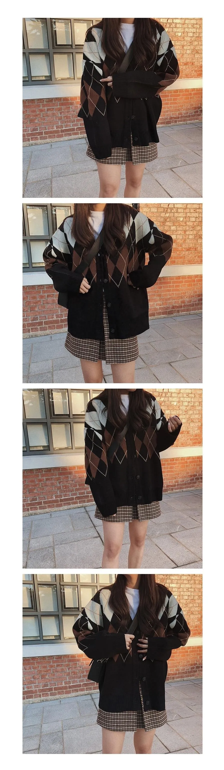 Oversize Autumn Winter Fashion Vintage  Plaid V-Neck Single Breasted Puff Sleeve Loose Cardigan