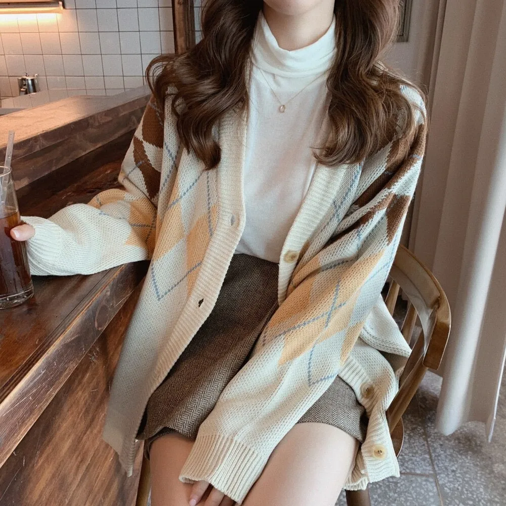 Oversize Autumn Winter Fashion Vintage  Plaid V-Neck Single Breasted Puff Sleeve Loose Cardigan