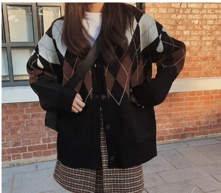 Oversize Autumn Winter Fashion Vintage  Plaid V-Neck Single Breasted Puff Sleeve Loose Cardigan