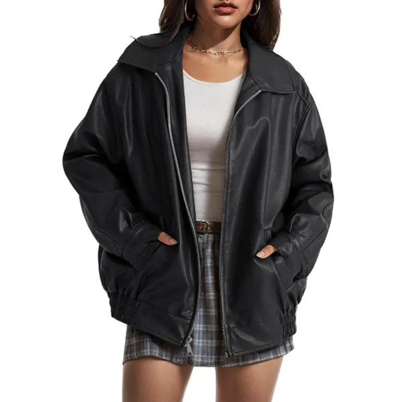 Oversized Faux Leather Zip Up Jacket