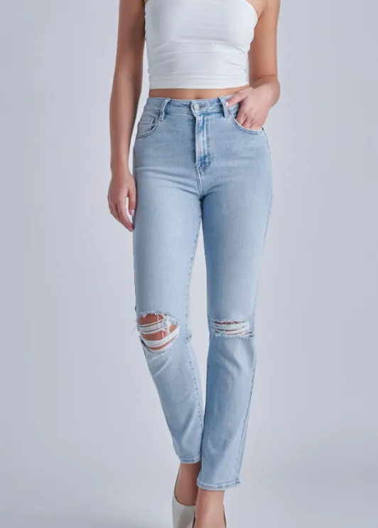 Perfect Day Light Wash Distressed Straight Leg Denim