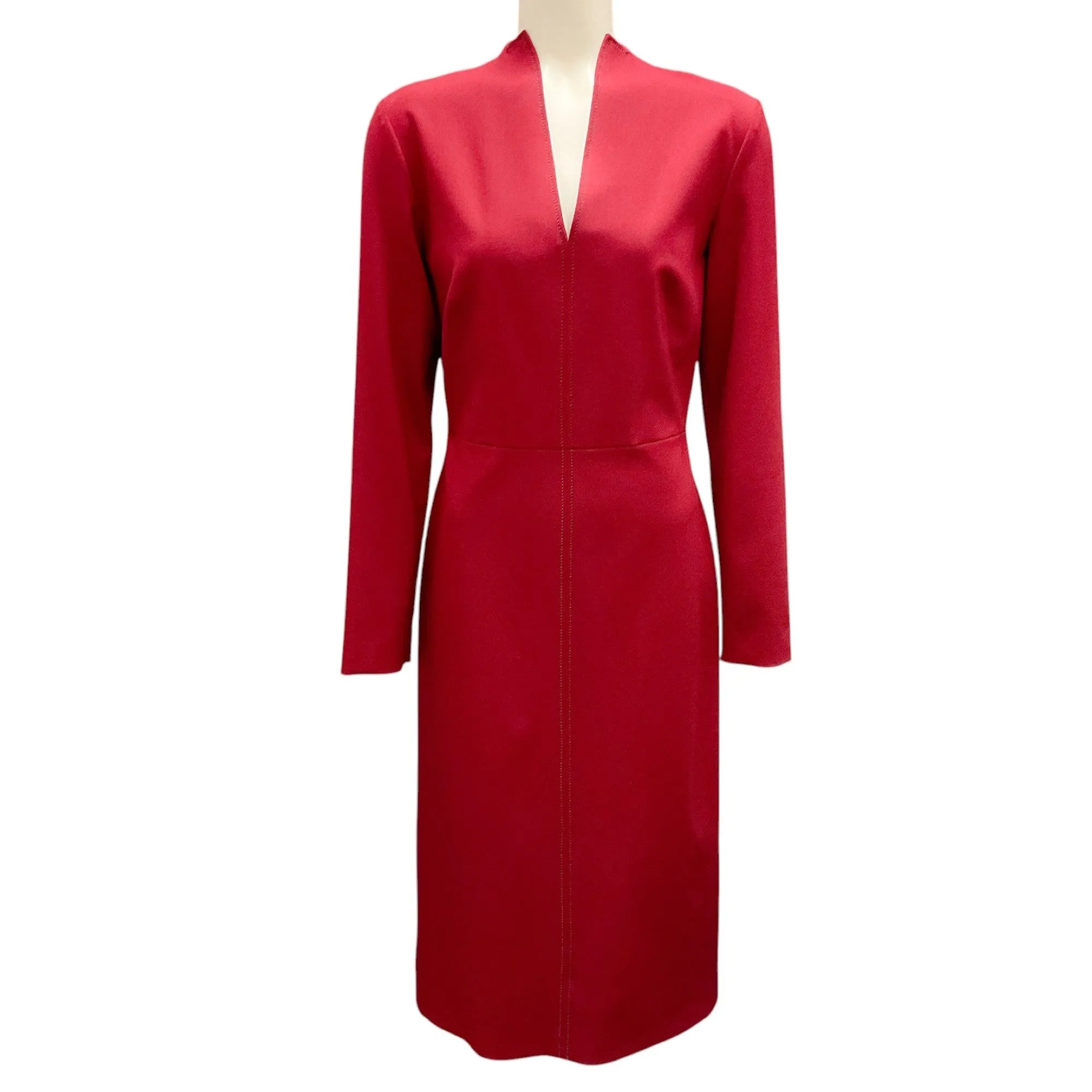 Piazza Sempione Maroon Long Sleeved V-Neck Wool Dress