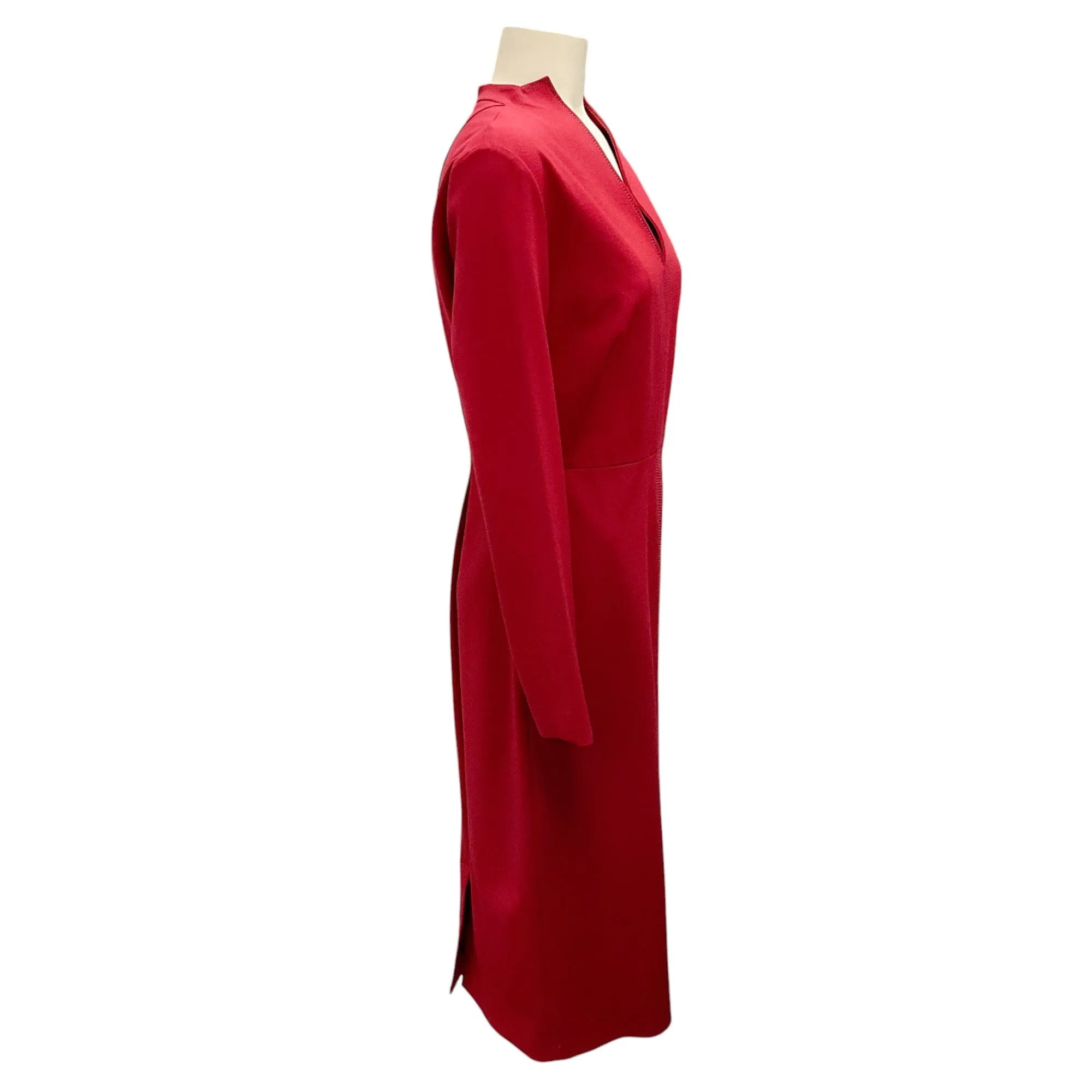 Piazza Sempione Maroon Long Sleeved V-Neck Wool Dress