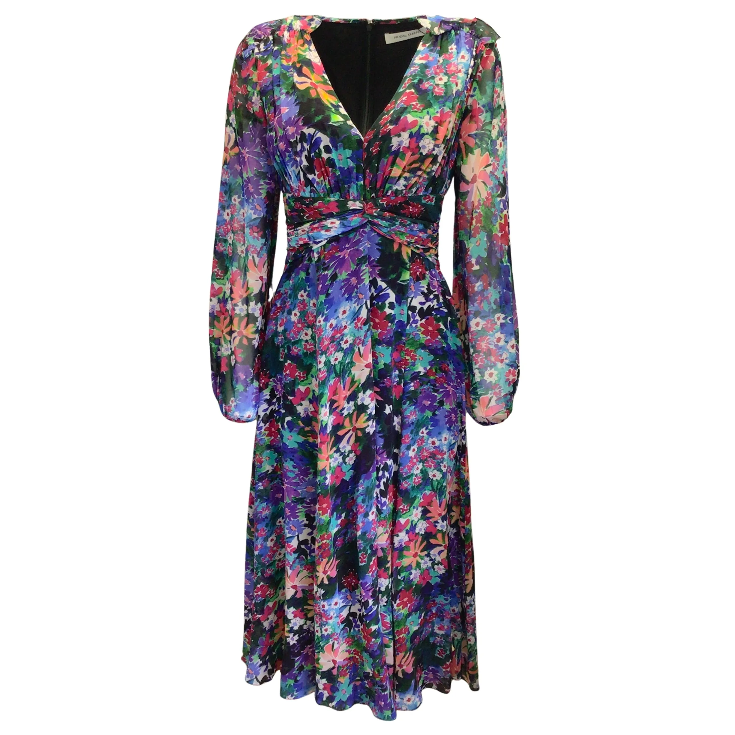 Prabal Gurung Audra Purple Multi Floral Printed Long Sleeved V-Neck Silk Midi Dress