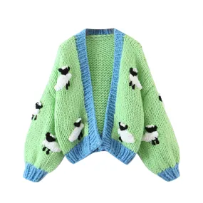 Pre Order:  Animal Pattern Handmade Coarse Needle Knitted Long Sleeve Cardigan