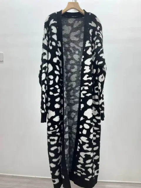 Pre Order: Animal Print Thick Long Loose Knit Cardigan