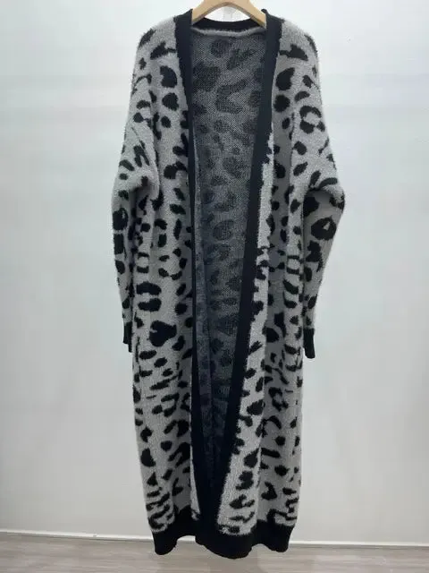 Pre Order: Animal Print Thick Long Loose Knit Cardigan