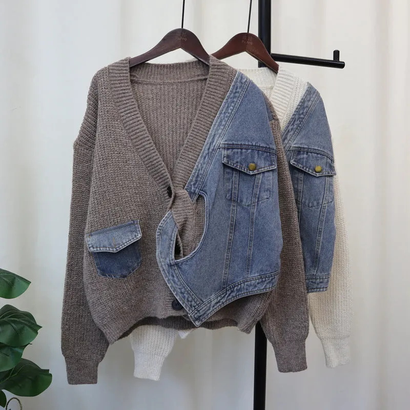 Pre Order:  Casual Patchwork Denim Knitted Cardigan