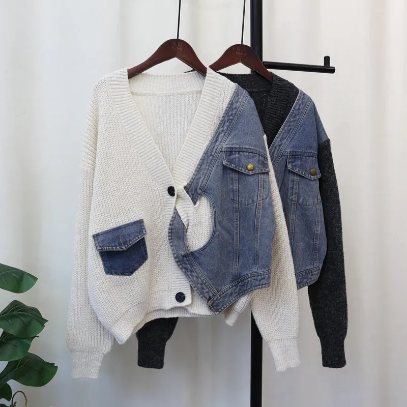 Pre Order:  Casual Patchwork Denim Knitted Cardigan