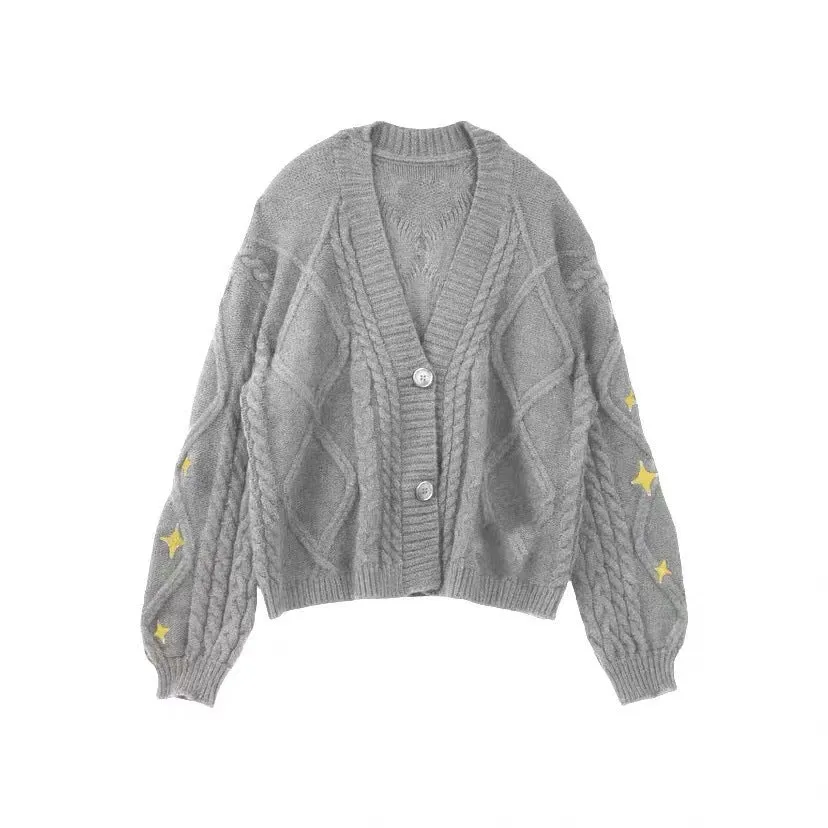 Pre Order:  Casual Star Embroidery Knitted Cardigan