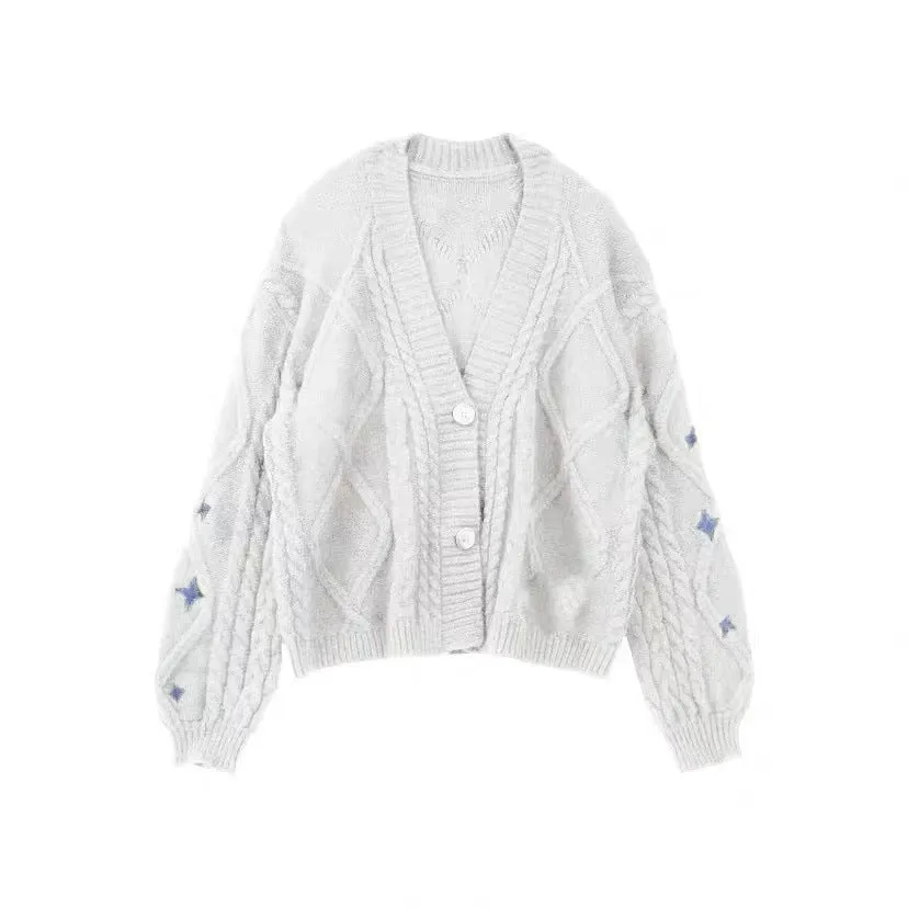 Pre Order:  Casual Star Embroidery Knitted Cardigan