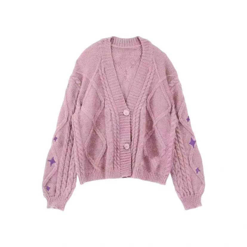 Pre Order:  Casual Star Embroidery Knitted Cardigan