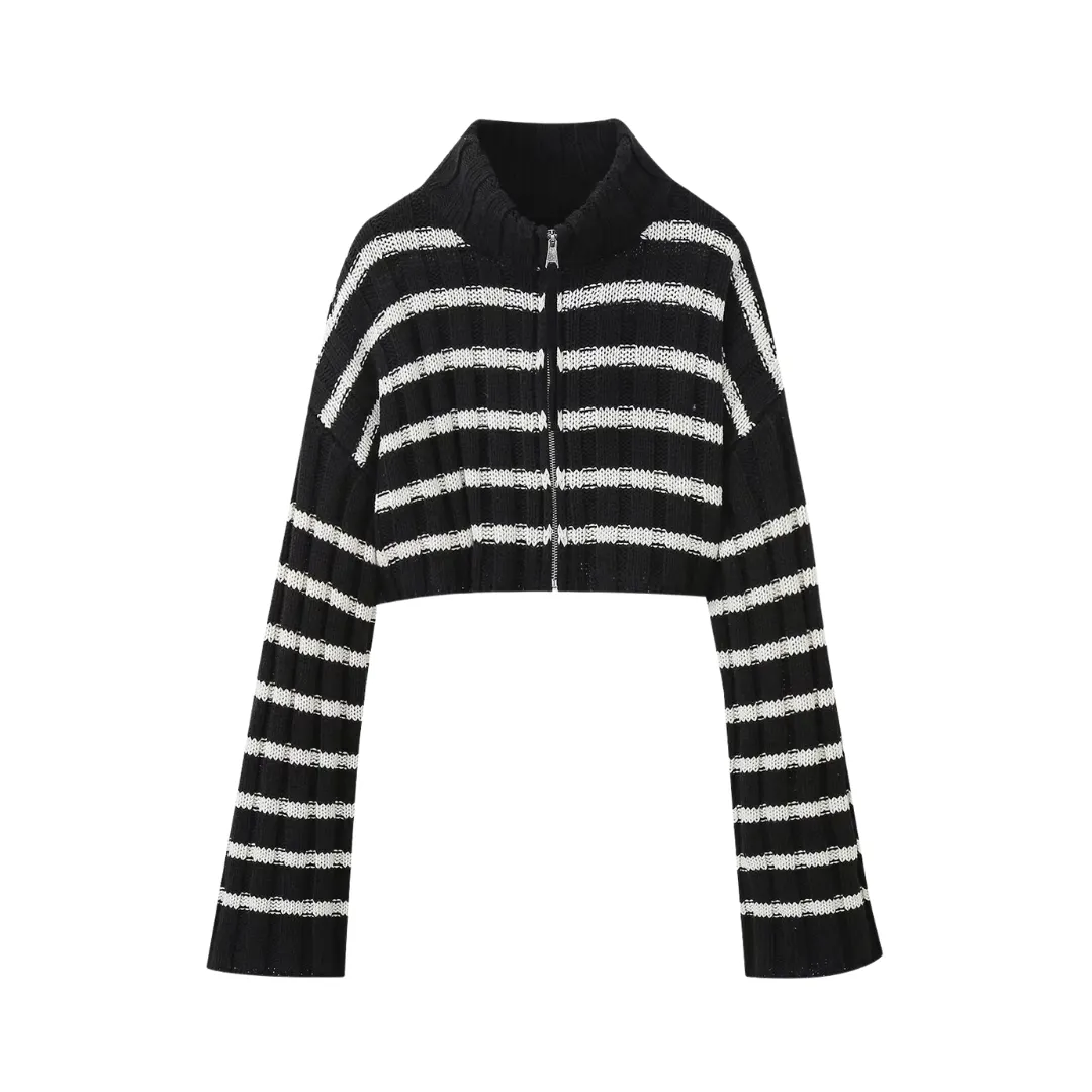 Pre Order:  Casual Striped Zip Up Short Knitted Cardigan