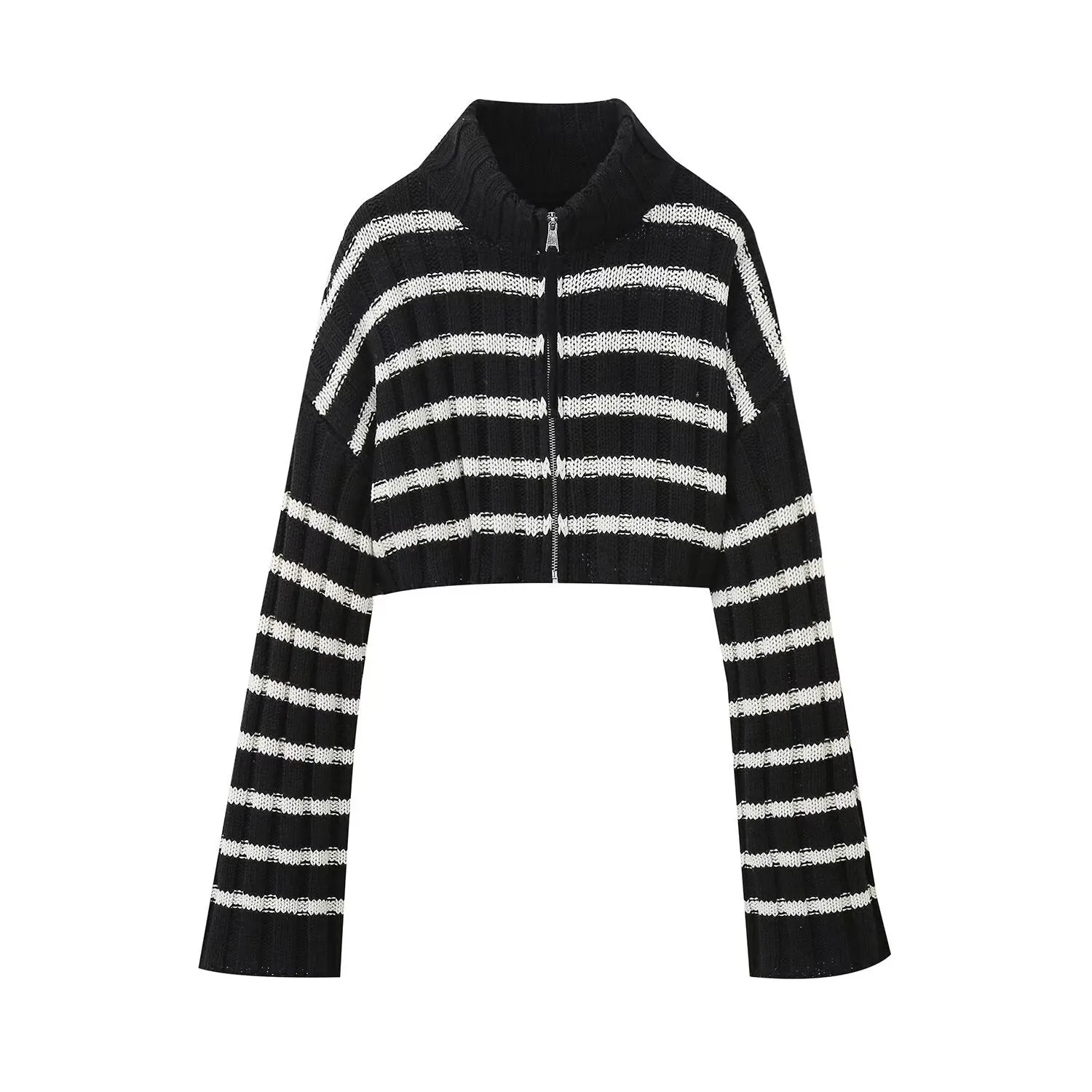 Pre Order:  Casual Striped Zip Up Short Knitted Cardigan