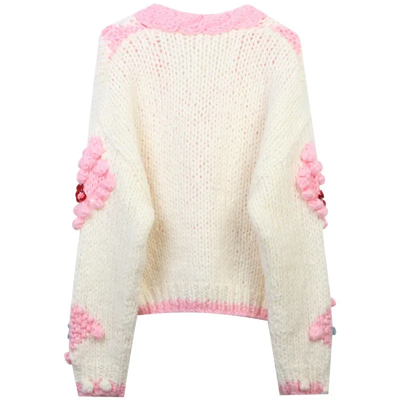 Pre Order:  Color Block Hand Hooked Floral Sequin Knit Cardigan