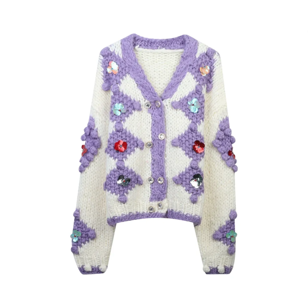 Pre Order:  Color Block Hand Hooked Floral Sequin Knit Cardigan