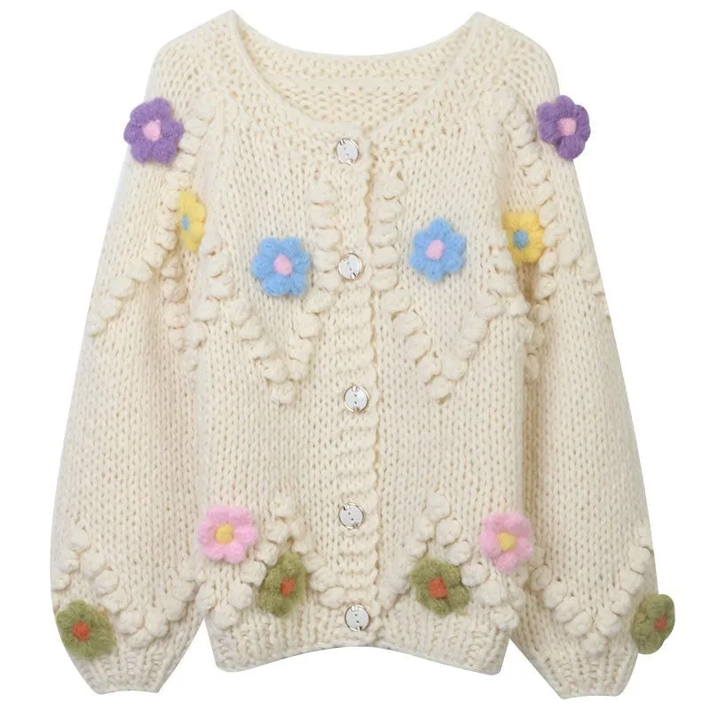 Pre Order:  Diamond Hook Flower Loose Round Neck Thick Cardigan