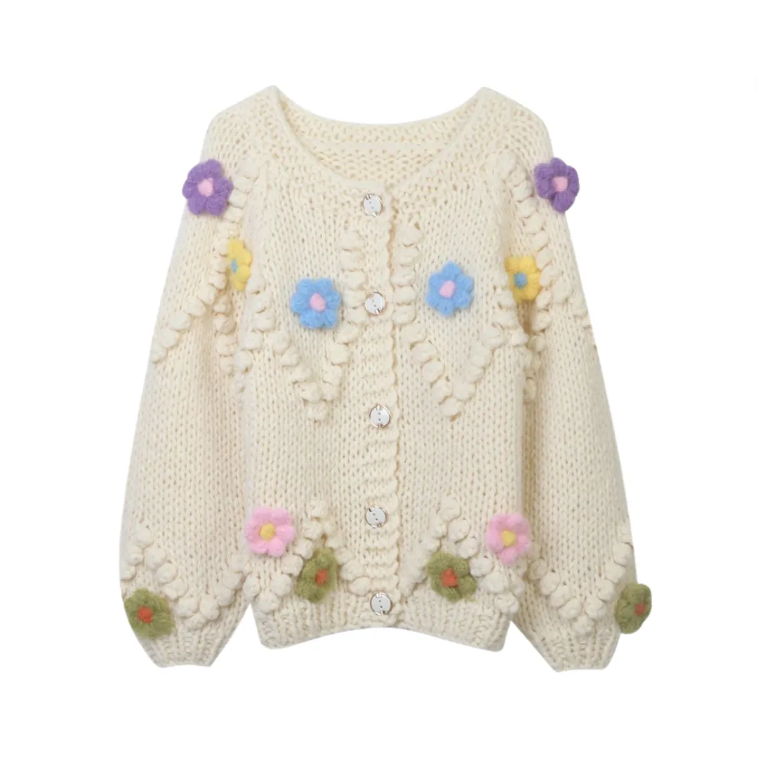 Pre Order:  Diamond Hook Flower Loose Round Neck Thick Cardigan