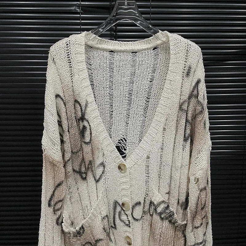 Pre Order:  Letter Pattern Loose Hole Knitted Cardigan