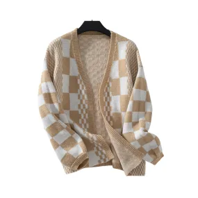 Pre Order: Loose V-Neck Plaid Knitted Cardigan