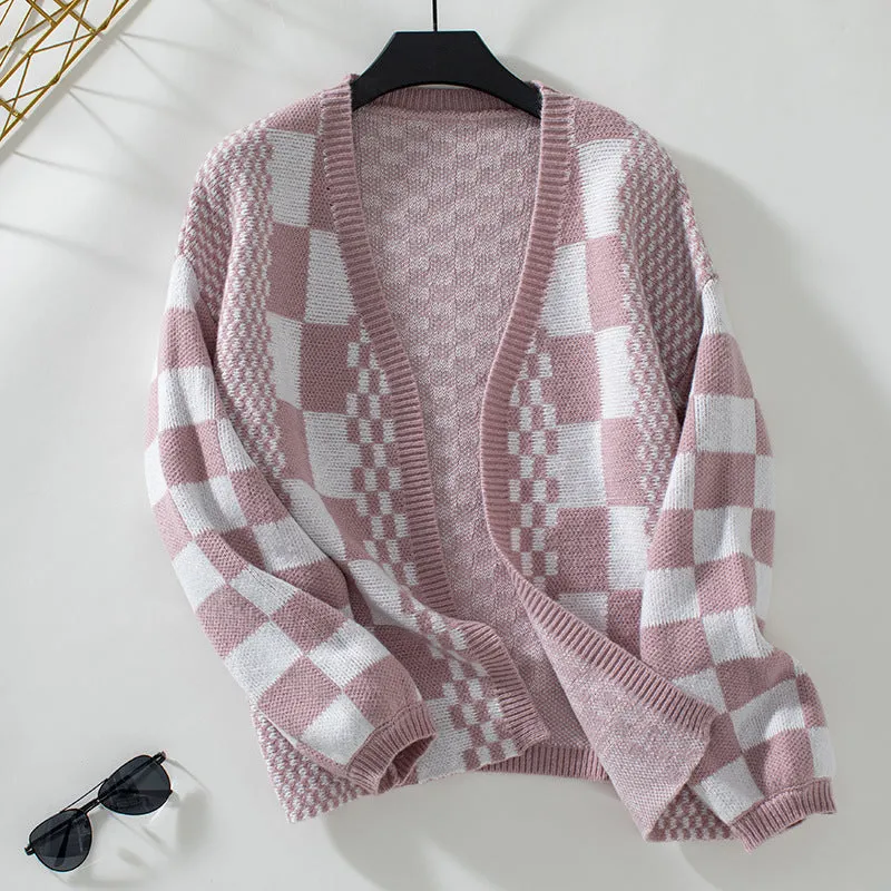 Pre Order: Loose V-Neck Plaid Knitted Cardigan