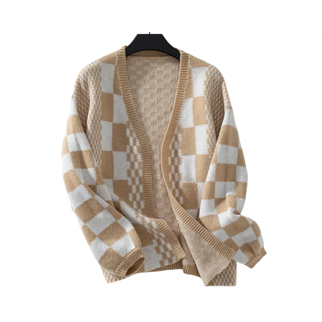 Pre Order: Loose V-Neck Plaid Knitted Cardigan