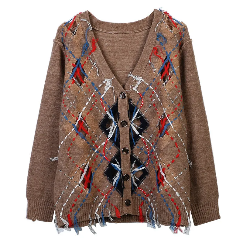 Pre Order:  Retro Broken Holes Fringe V-Neck Knitted Cardigan