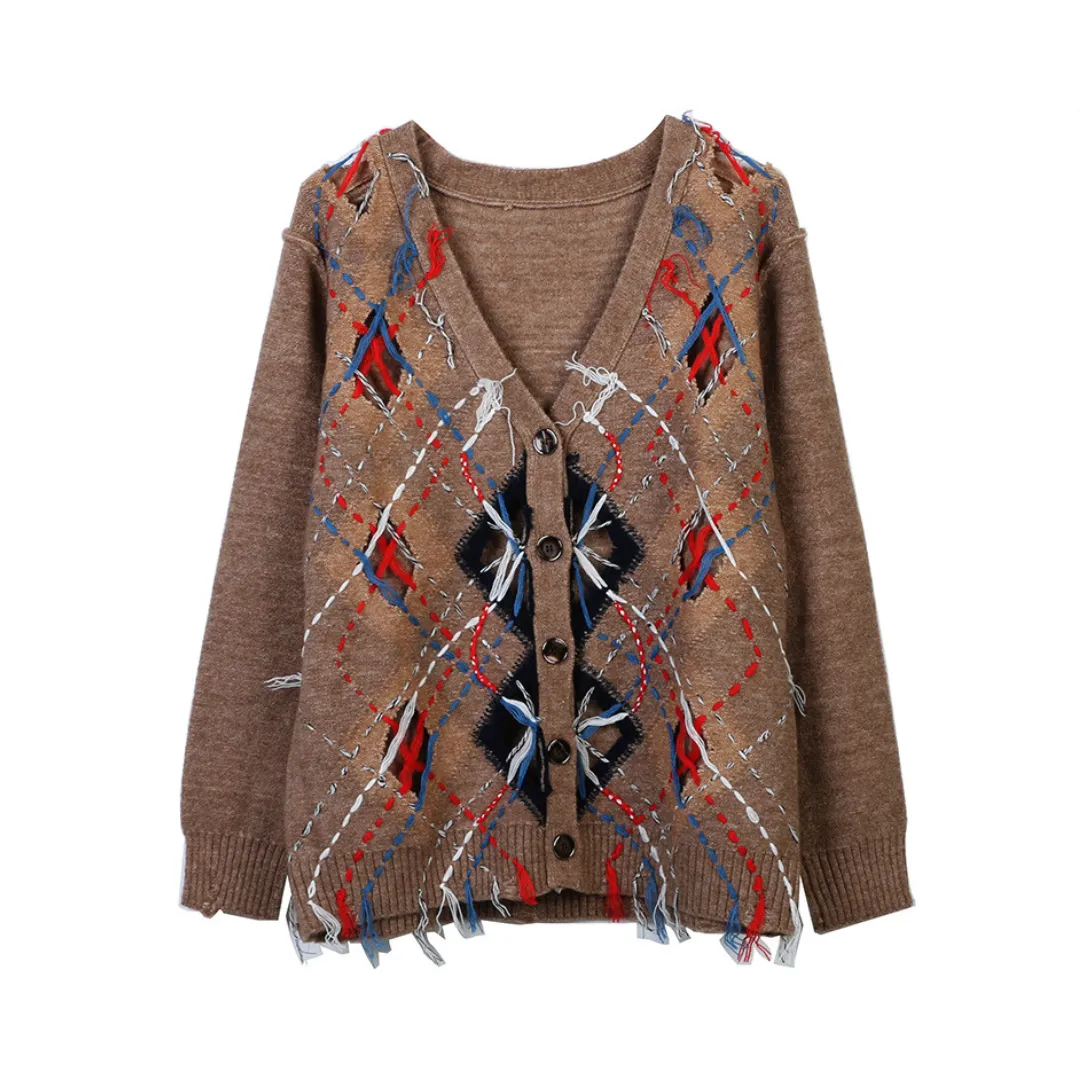 Pre Order:  Retro Broken Holes Fringe V-Neck Knitted Cardigan