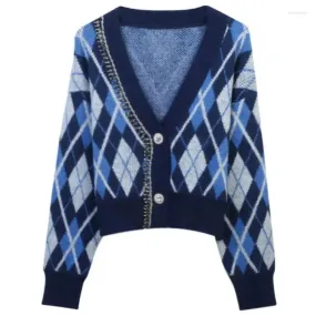 Pre Order:  Rhombus Jacquard Diamond Stitching V-neck Knitted Cardigan