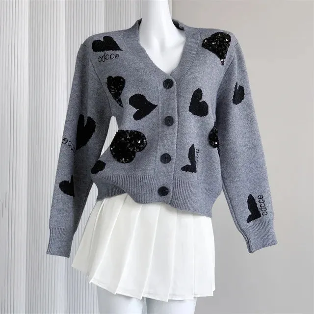 Pre Order:  Sequined Love Jacquard V-Neck Loose Knit Cardigan