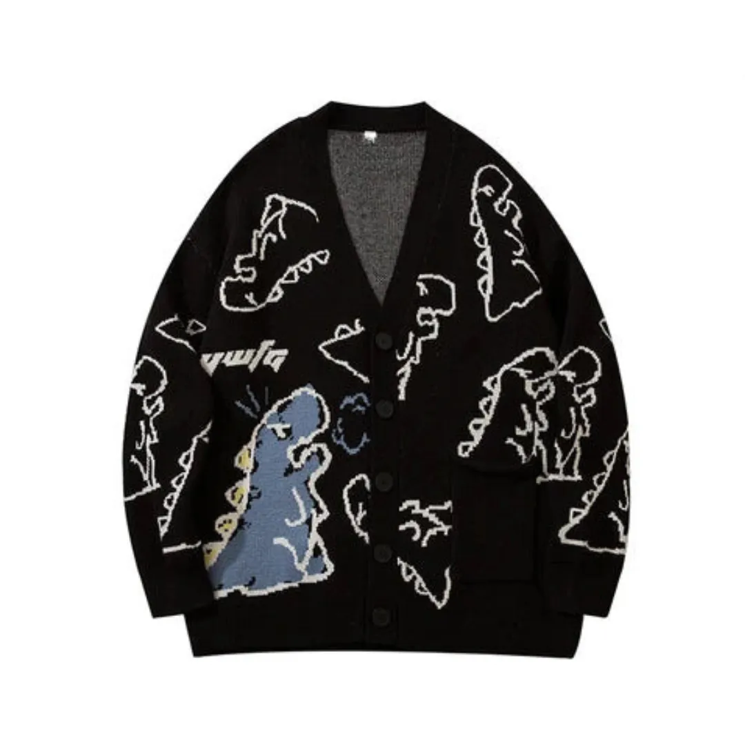 Pre Order:  V-Neck Cartoon Dinosaur Jacquard Loose Knitted Cardigan