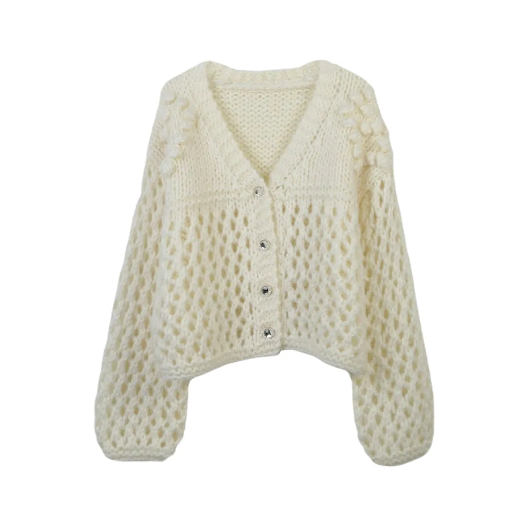 Pre Order:  V-Neck Long Sleeve Hollow Out Loose Knitted Cardigan