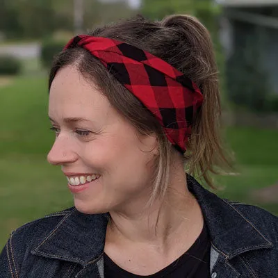 Premium twisted comfy wide bamboo blend knit headband, black and red buffalo plaid