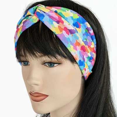 Premium, wide turban style comfy wide jersey knit  headband, bright confetti hearts