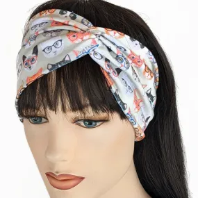 Premium, wide turban style comfy wide jersey knit  headband, smarty cats