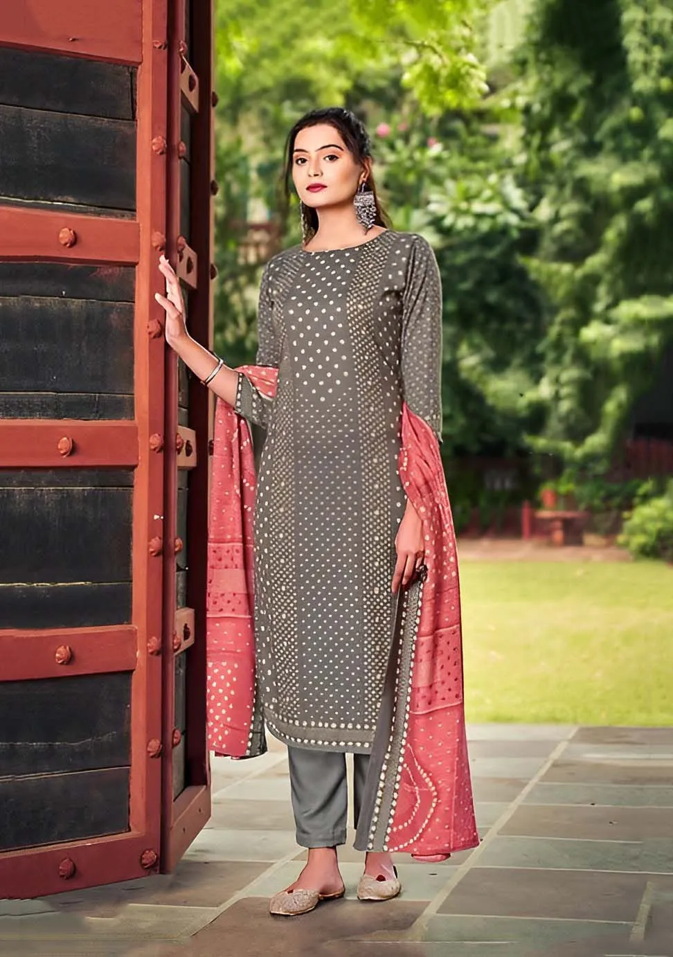 Printed Grey Pashmina Unstitched Winter Suits Set