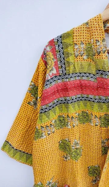 Quilted Cotton Kimono Duster Is Unusual and Colorful  (Yellow)