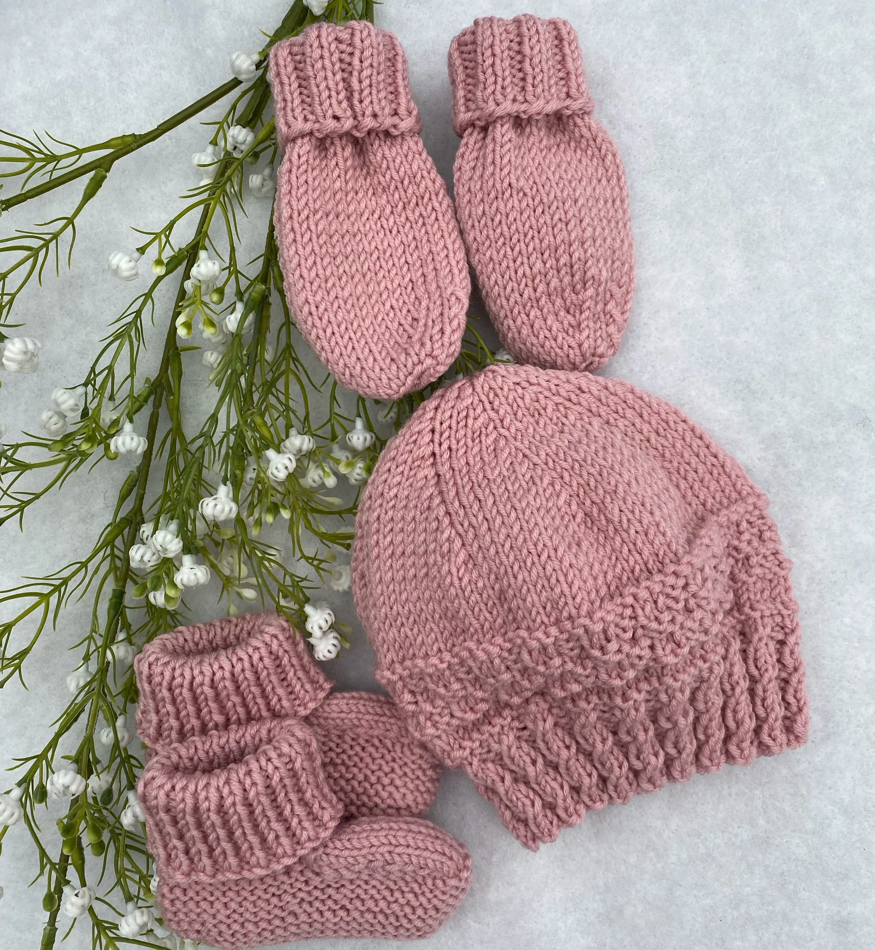 "Maude" merino baby hat, bootie and mitten set