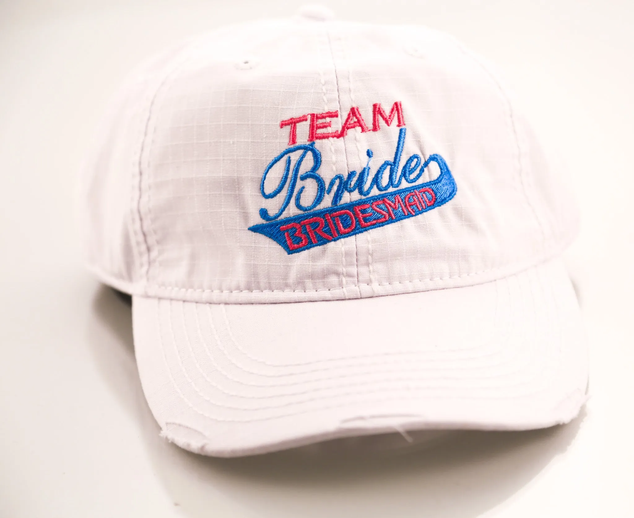 "Team Bride Bridesmaid" White Embroidered Distressed Hat