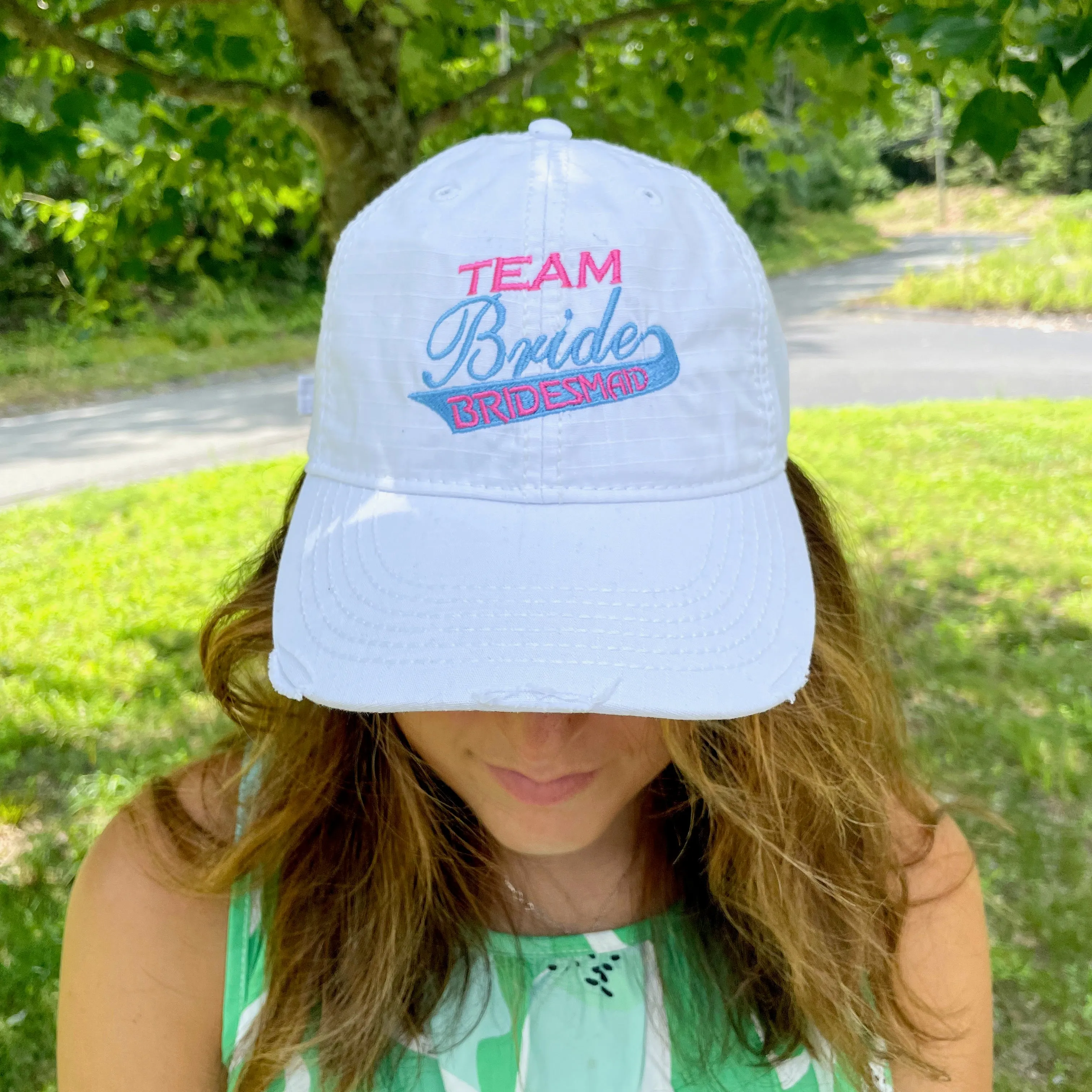 "Team Bride Bridesmaid" White Embroidered Distressed Hat