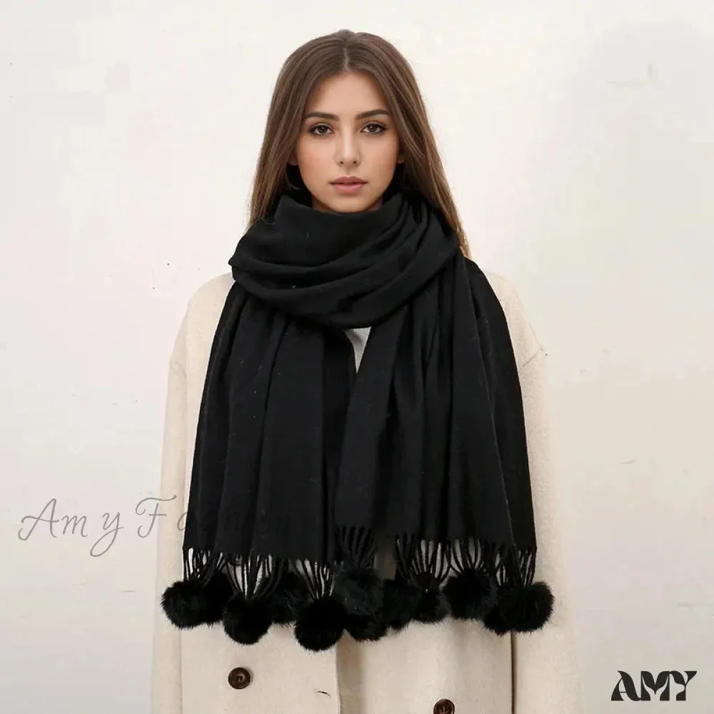 Rabbit Fur Ball Cashmere Pompom Oversize Blanket Scarf for Women