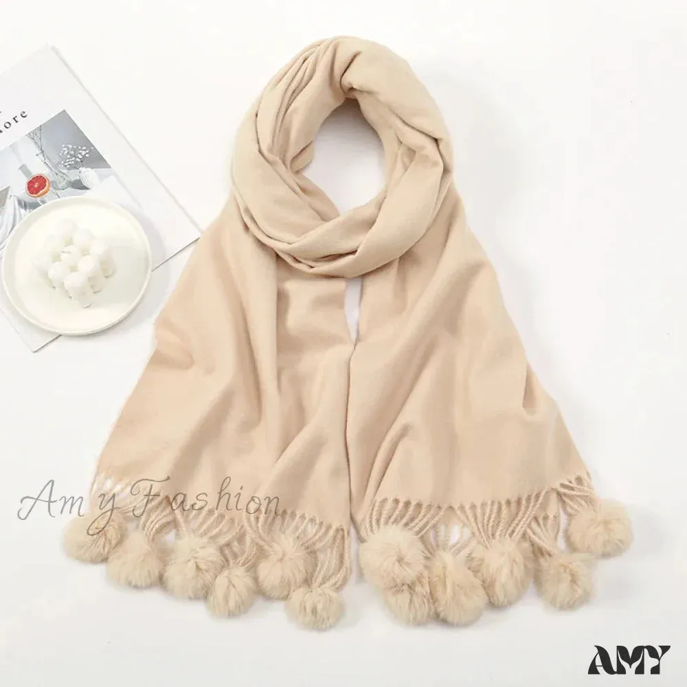 Rabbit Fur Ball Cashmere Pompom Oversize Blanket Scarf for Women