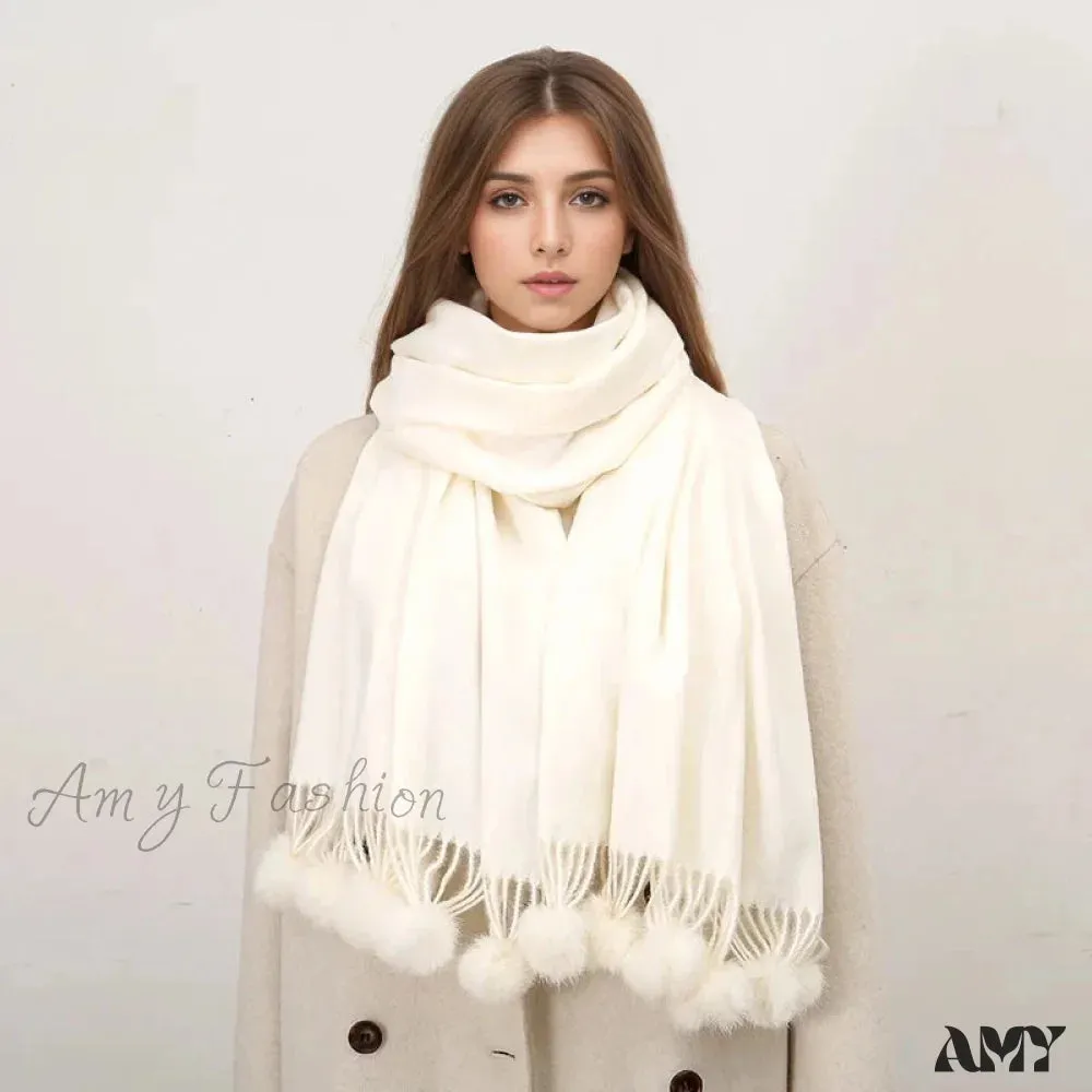 Rabbit Fur Ball Cashmere Pompom Oversize Blanket Scarf for Women