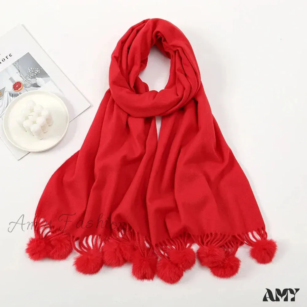 Rabbit Fur Ball Cashmere Pompom Oversize Blanket Scarf for Women