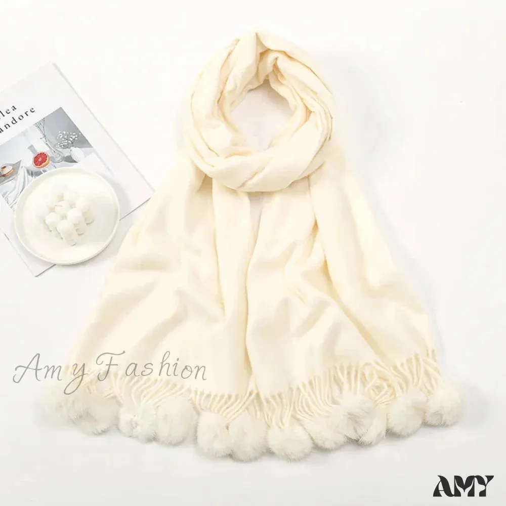 Rabbit Fur Ball Cashmere Pompom Oversize Blanket Scarf for Women